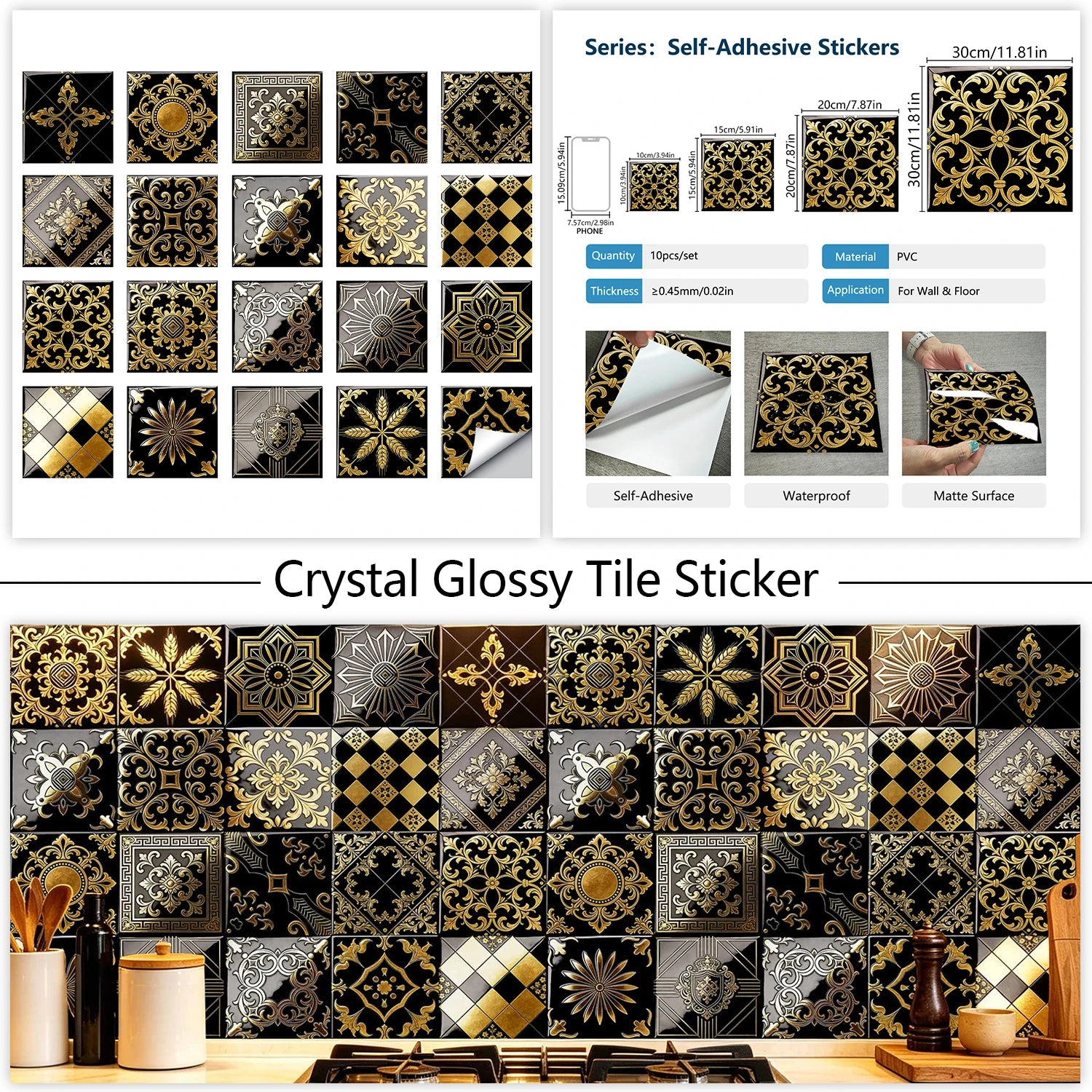 20pcs Classic Black Gold Ornate Baroque Style Tile Transfers Waterproof Stickers for Home Renovation