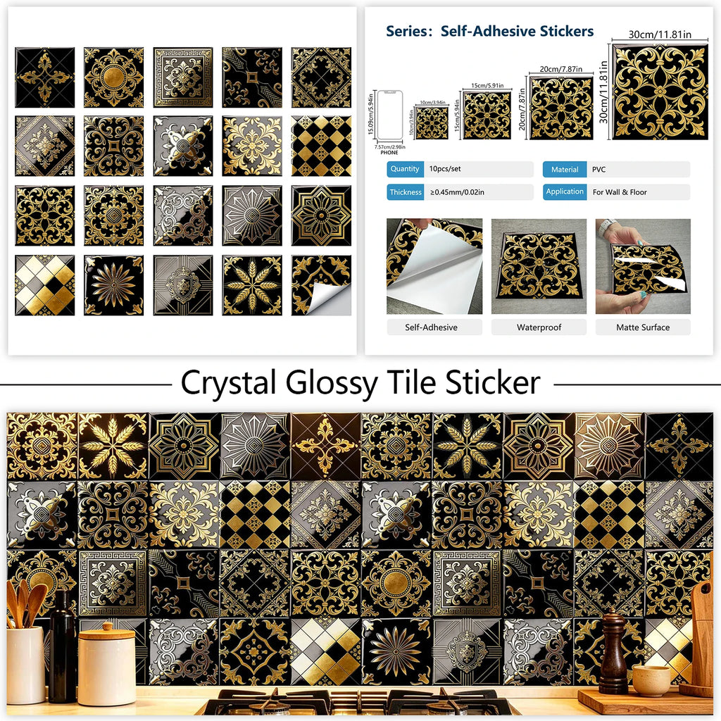 20pcs Classic Black Gold Ornate Baroque Style Tile Transfers Waterproof Stickers for Home Renovation