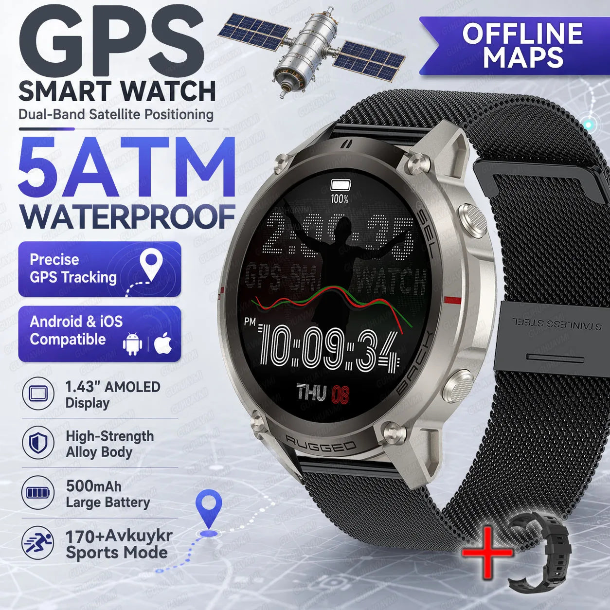 2026 Outdoor Tactical GPS 1.43"AMOLED Smart Watch Offine Map Compass Heart Rate Fitness Tracker 5ATM Waterproof Sports Watches
