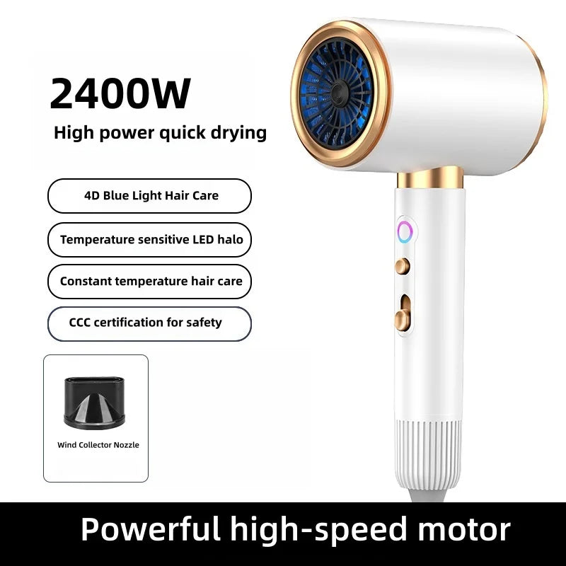 2400W high-speed white & gold hair dryer with negative ion blue light, LED halo, and wind collector nozzle attachment.