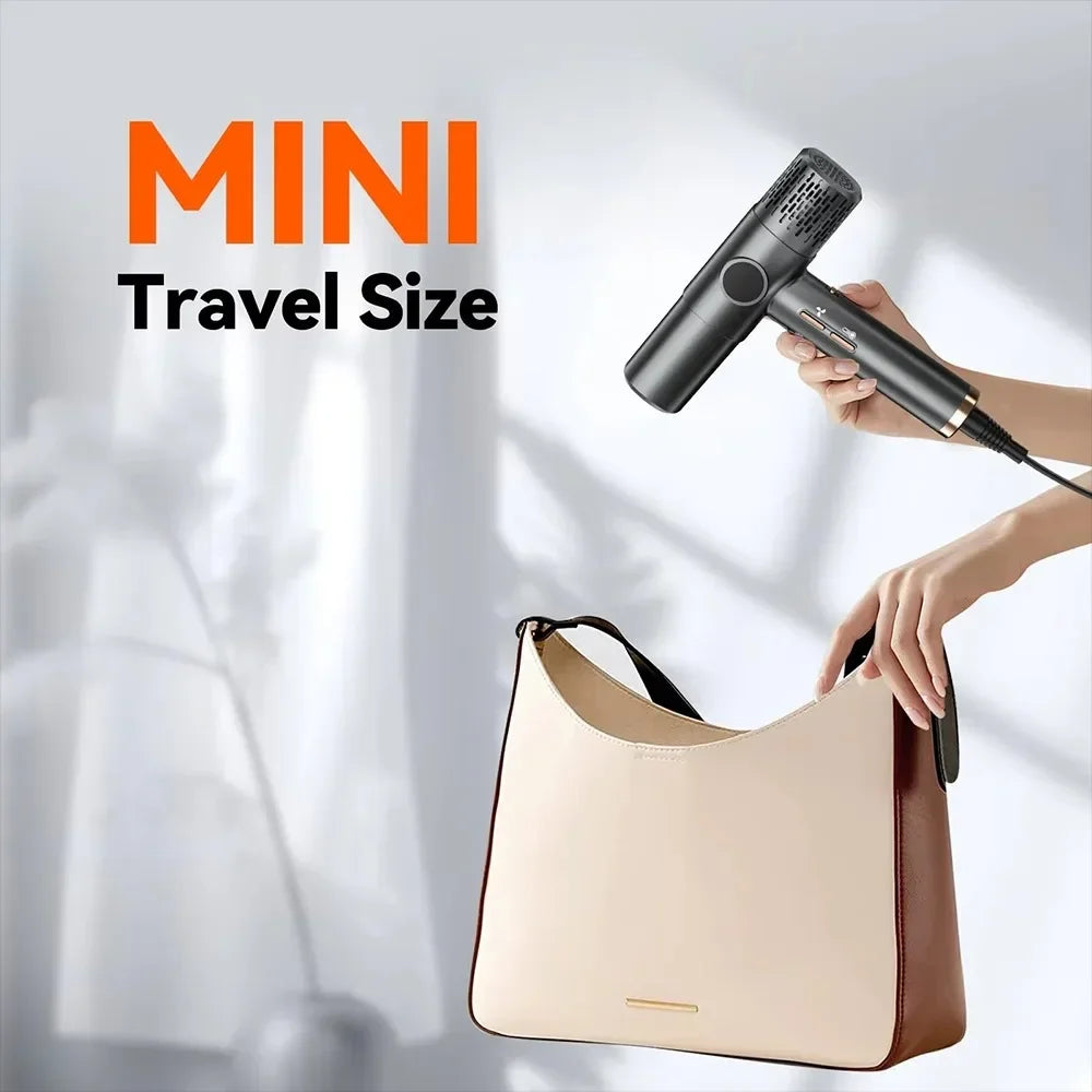 Compact high-speed hair dryer with LCD display in dark gray, perfect travel-size ion blow dryer with brushless motor.