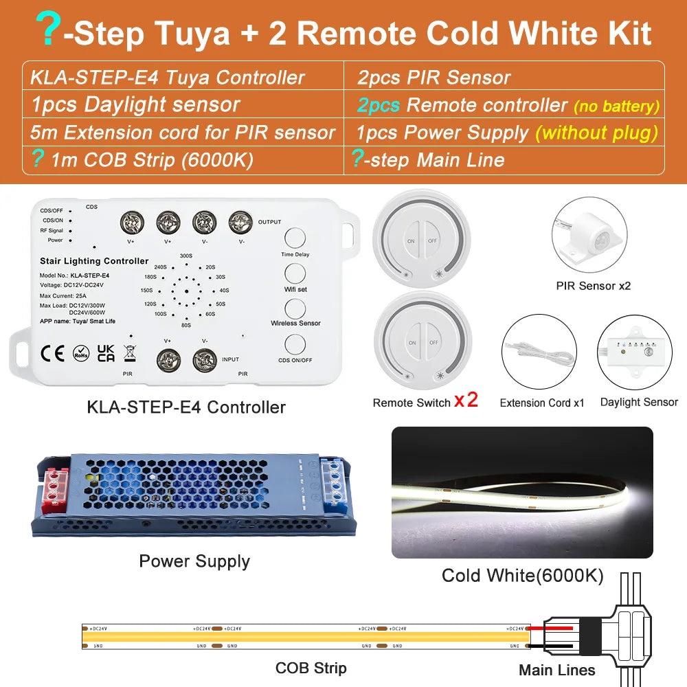 Tuya staircase LED strip kit with controller, 2 PIR sensors, 2 remotes, daylight sensor
