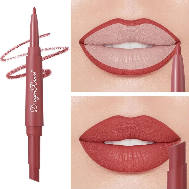 Dual-ended rose red matte lip liner and lipstick pencil for long-lasting, waterproof, moisturizing lip makeup.