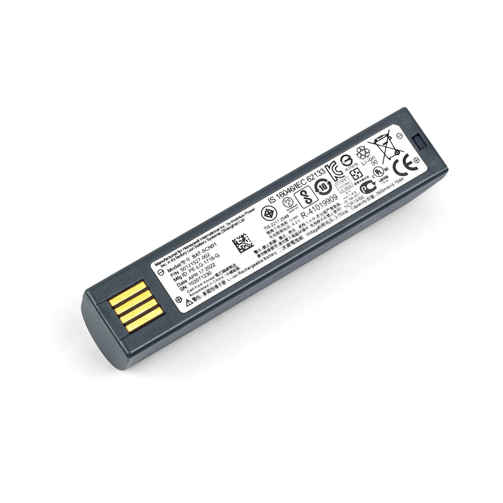 Barcode scanner battery pack with black shell, label panel, and gold charging contacts