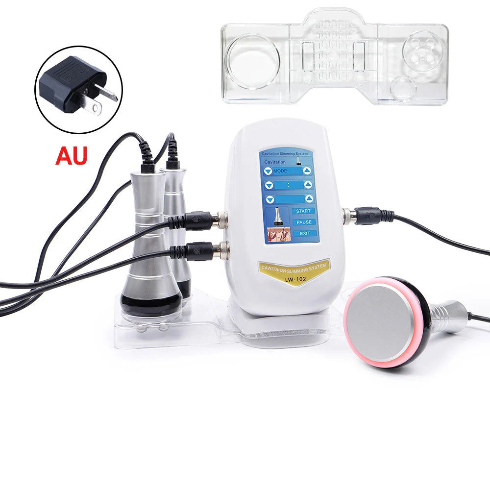 3-in-1 40K ultrasonic cavitation machine with white digital console, silver wands, clear stand, and AU power adapter.
