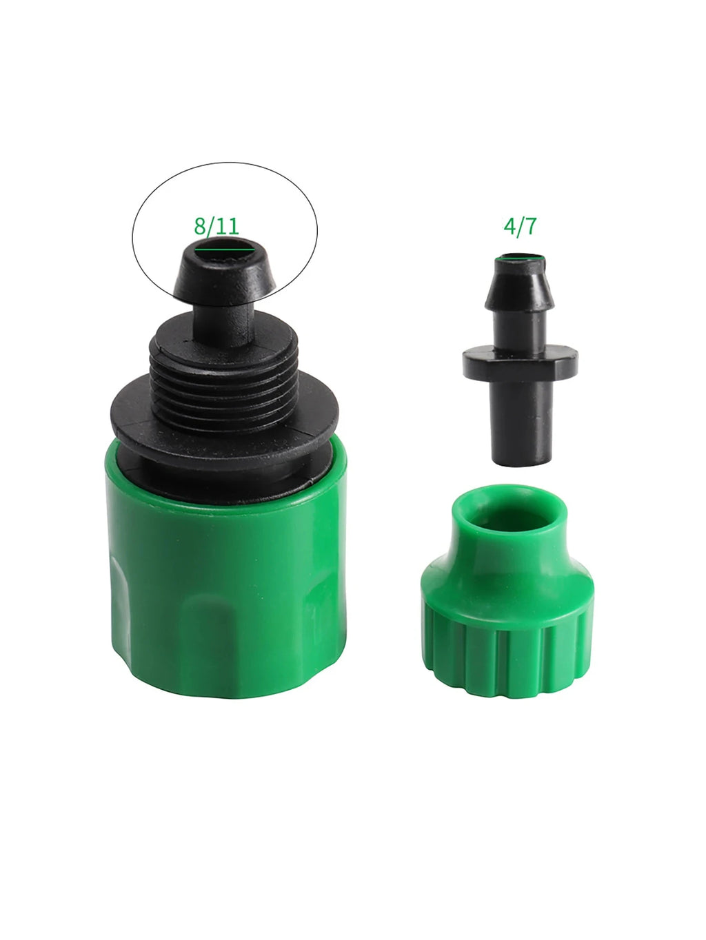 Green quick coupling adapter cap end pieces with black rubber seal and barbed ports