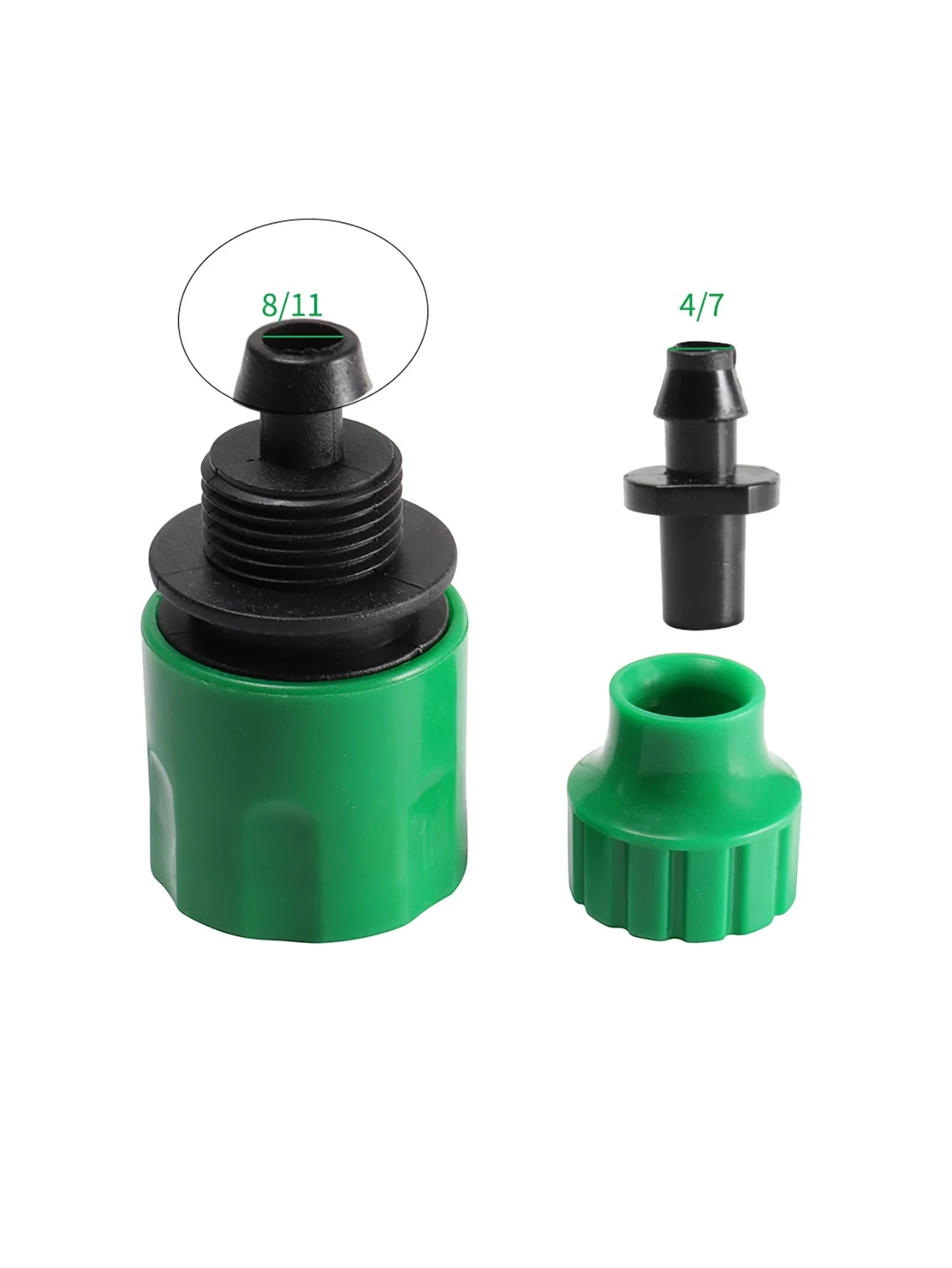 Green quick coupling adapter cap end pieces with black rubber seal and barbed ports