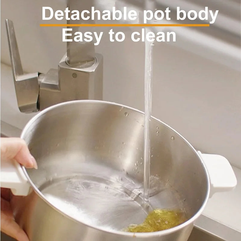 Electric cooking pot with stainless inner bowl showing water pouring, easy-to-clean design