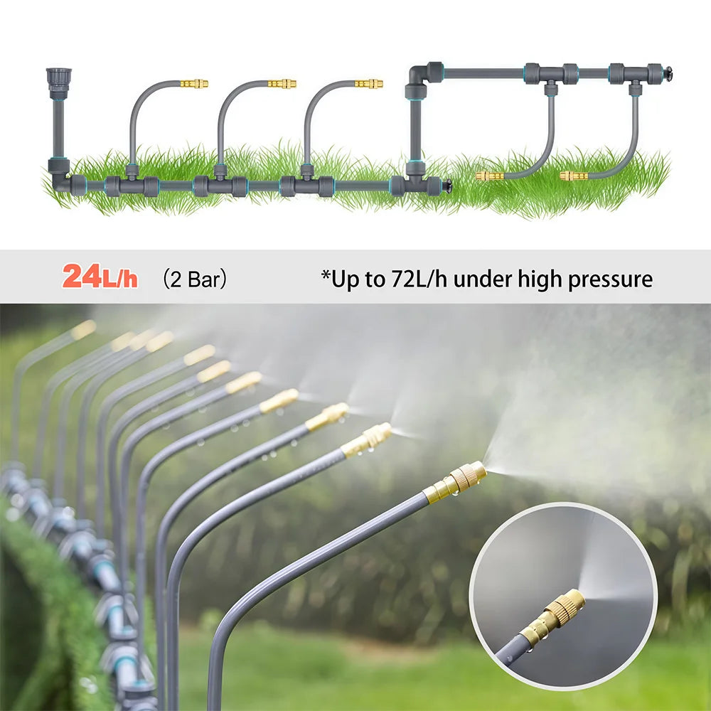 PE hose sprinkler manifold with gray tubing, brass fittings, and spray mist nozzle