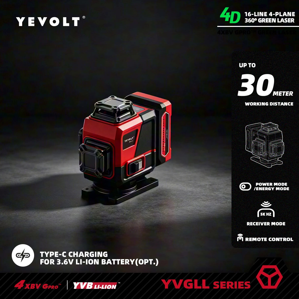 YEVOLT 4D 16 Line Green Laser Level 360 Horizontal Vertical Lines for Household DIY Ceiling Trim Wall Tile Cabinet Fitting Jobs