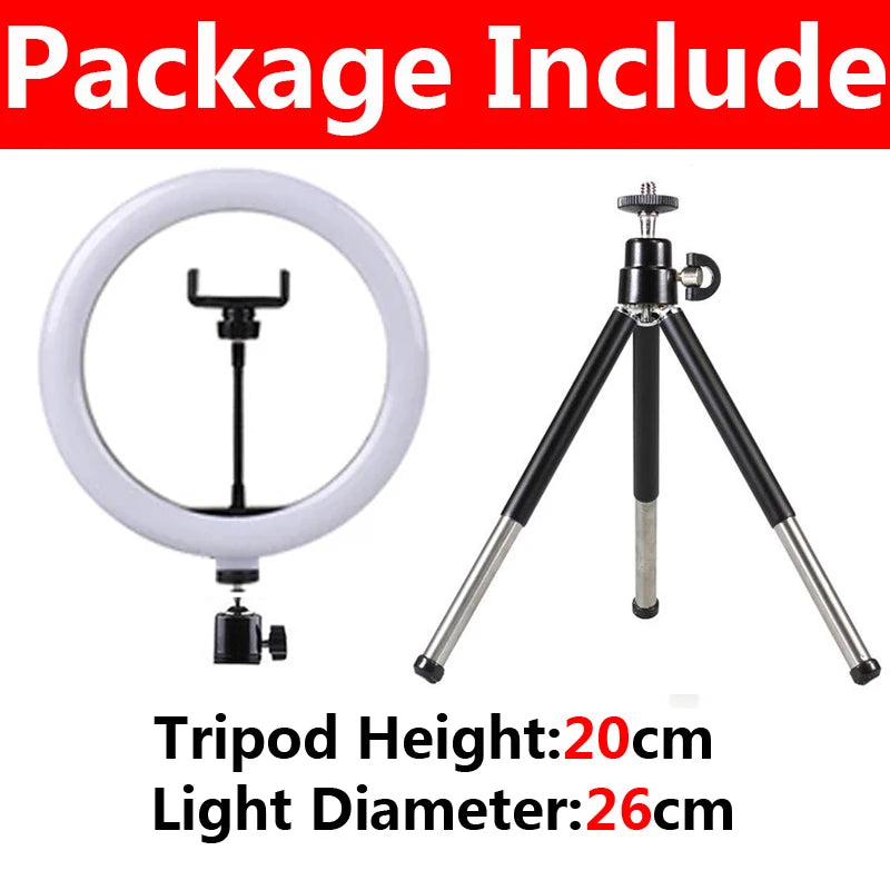 26cm LED ring light with phone mount and 20cm adjustable metal tripod for photography and video streaming.