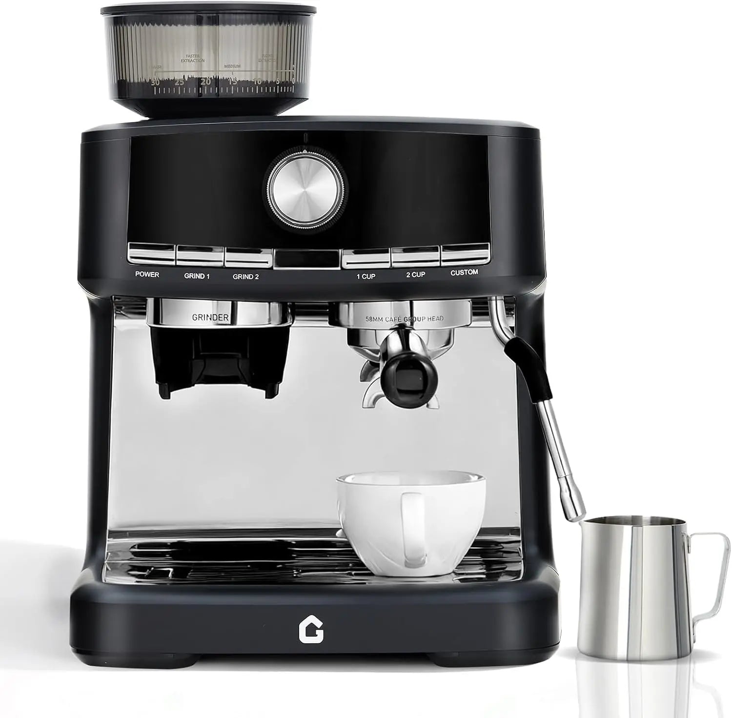 Gevi black espresso machine with built-in grinder, 58mm group head, and stainless steel milk frothing pitcher.