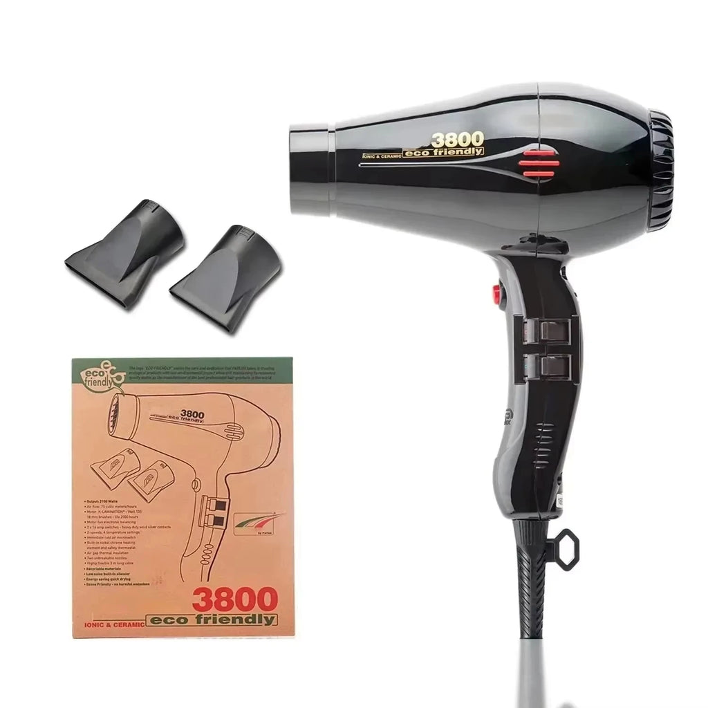 Black 2100W ionic ceramic hair dryer with two styling nozzles, 3-speed settings, and professional salon design.