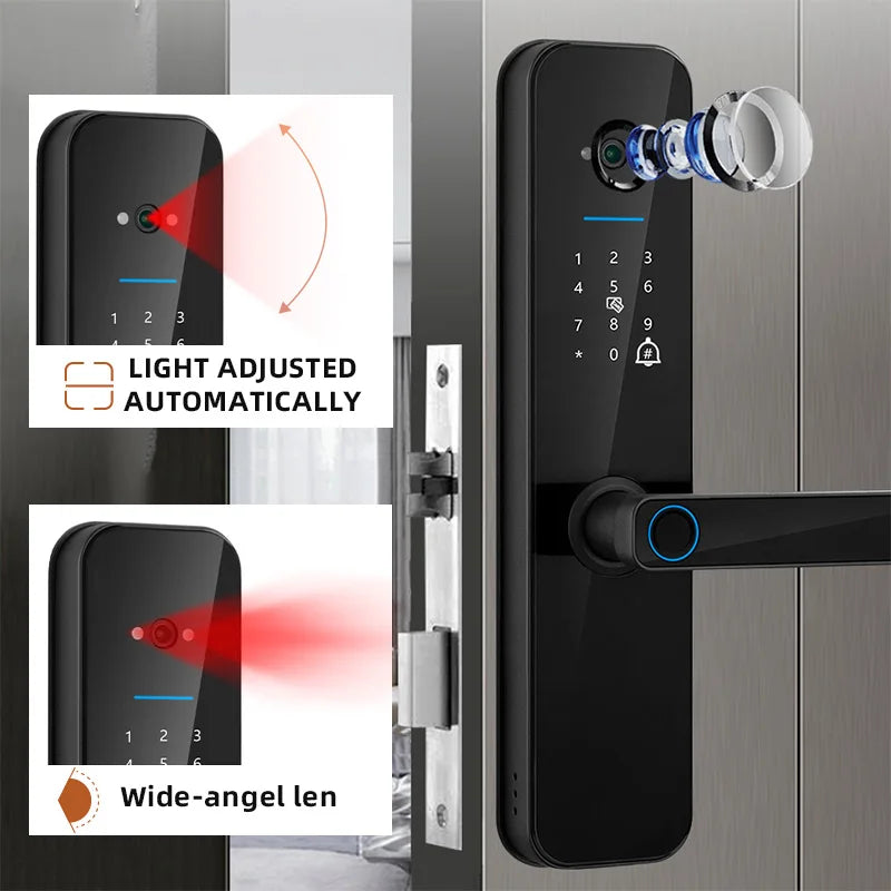 New Biometric Digital Electronic Smart Door Lock With Camera Fingerprint Tuya Wifi Smart Card Password Key Unlock