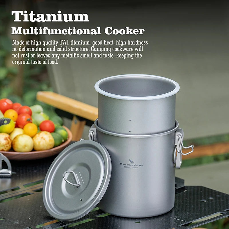 Titanium multifunction cook pot set with domed lid, shown on a table with food