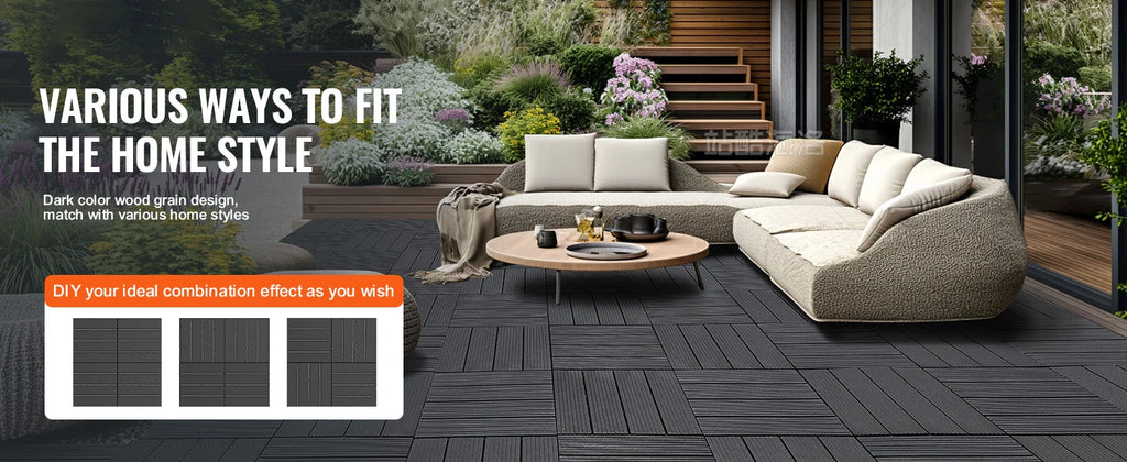 SucceBuy  Interlocking Deck Tiles Plastic Waterproof Outdoor Flooring All Weather Use Patio Floor for Porch Poolside Dark Grey