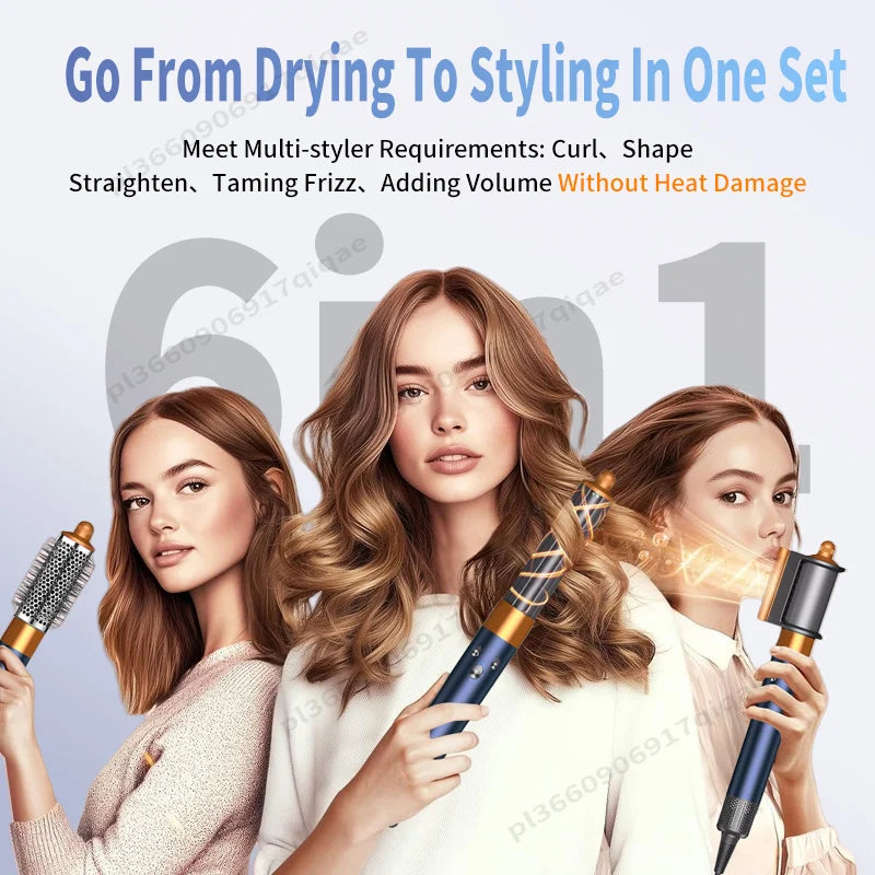 6-in-1 high-speed hair dryer and styler set in blue and gold with ionic attachments for volumizing and curling.