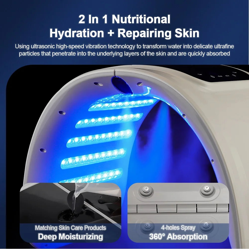 White arched facial steamer with internal blue LED lights and a 4-hole mist spray nozzle for skin hydration.