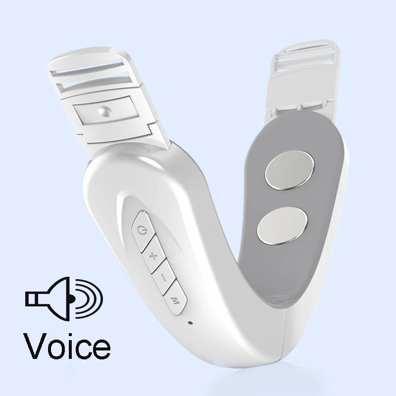 White V-shaped facial massager with adjustable straps, metal contact points, and side control buttons.