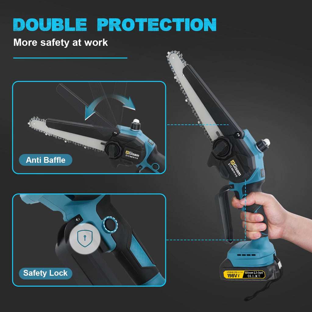 Gisam 8 Inch Brushless Electric Chainsaw Cordless Portable Electric Saw Woodworking Power Tool For makita 18v battery pins