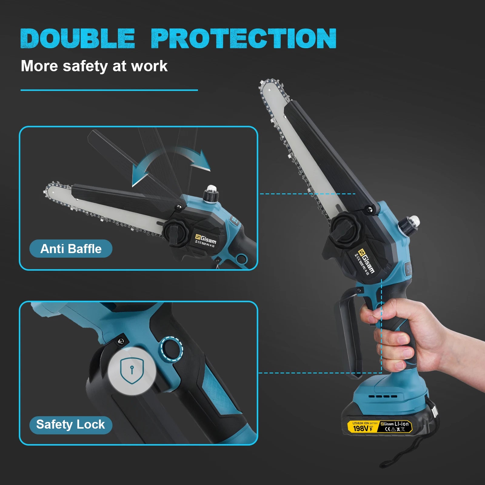 Gisam 8 Inch Brushless Electric Chainsaw Cordless Portable Electric Saw Woodworking Power Tool For makita 18v battery pins