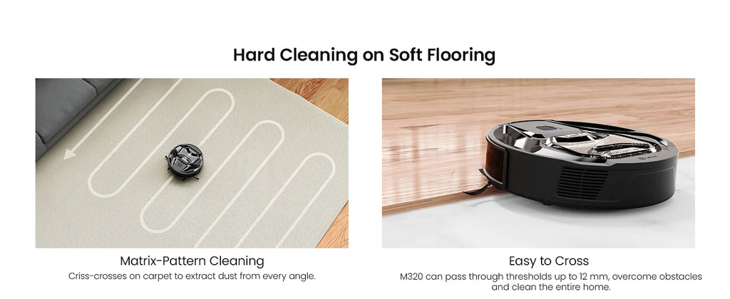 Tidesmit Lefant M320 Robot Vacuum showing self-charging dock, 6000Pa suction, and carpet detection sensor view.