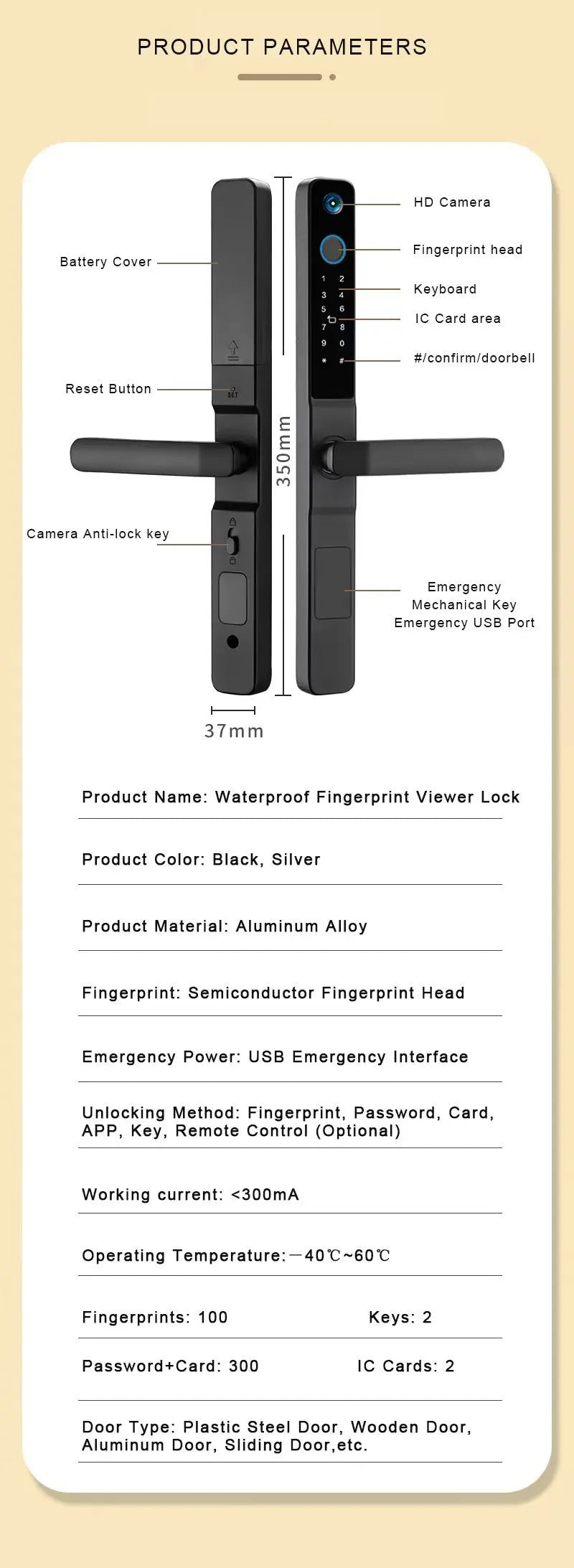 Peephole Camera Smart Aluminum Lock Euro 3592 Mortise Waterproof Tuya Wifi Fingerprint Digital Lock of UPVC Grill Sliding Door