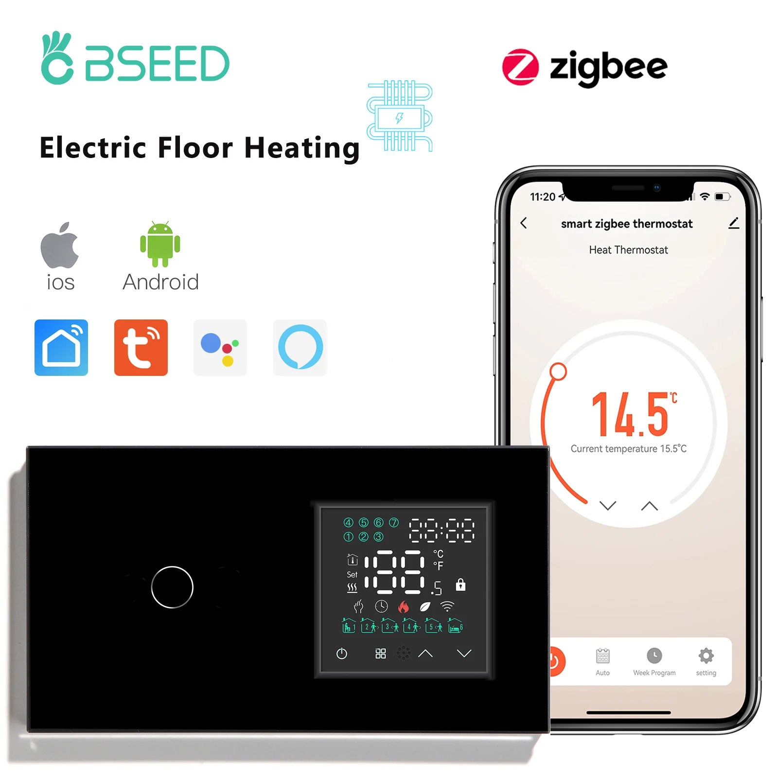 BSEED Zigbee Thermostat LED Touch Screen Switches Electric Floor Heating Room Alexa Temperature Controller Tuya App USB Socket