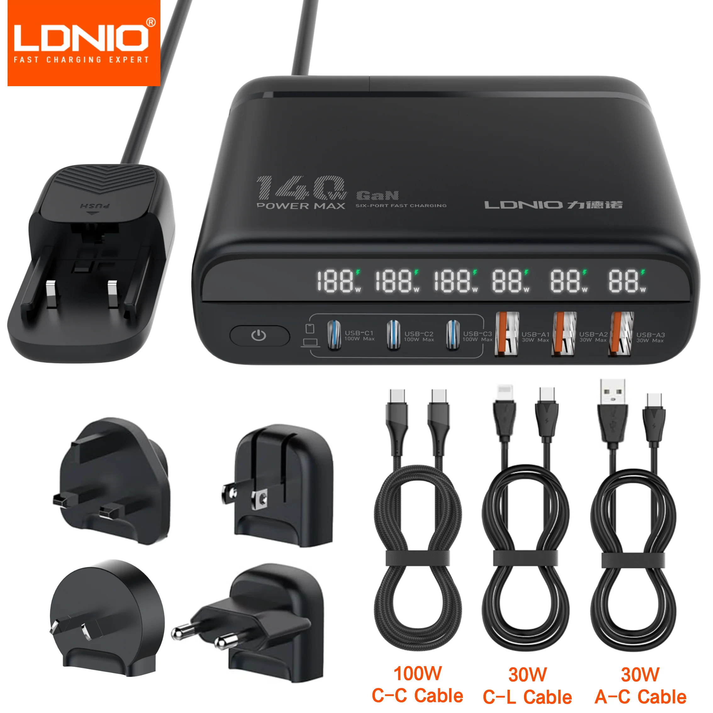 LDNIO 140W GaN international Travel Adapter USB C Charger Block 100W Port LED Display AU US UK EU Charging Station Wall Charger
