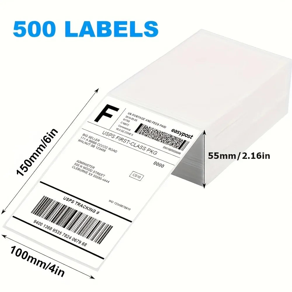 Stack of thermal shipping labels labeled '500 labels' with 150x100mm dimensions.