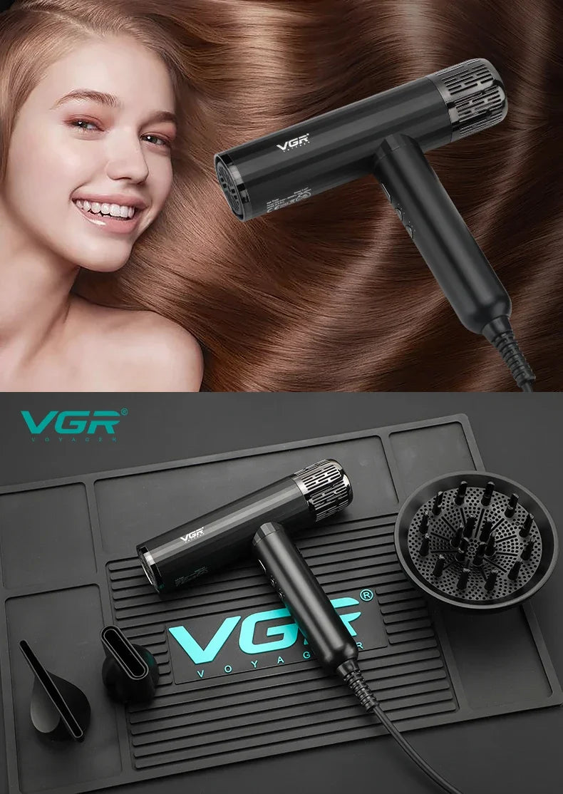 VGR V-427 black professional ionic hair dryer with brushless motor, diffuser, and concentrator nozzle attachments.