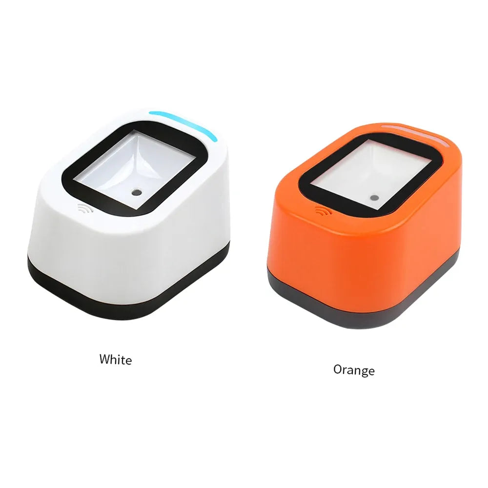Barcode scanner in white and orange colors, each with top black scanning window