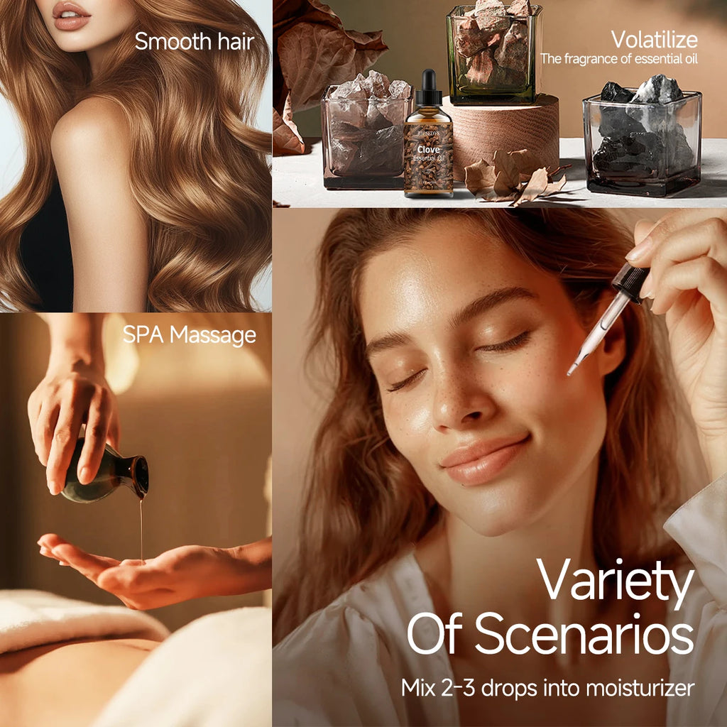 Clove essential oil, with a woody scent, is suitable for body massage and hair care, and can also be used in aromatherapy.
