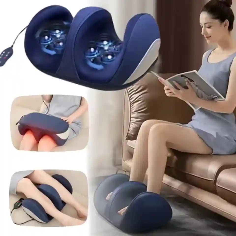 Blue electric Shiatsu leg and foot massager with heated rollers for deep tissue relief and stress care at home.