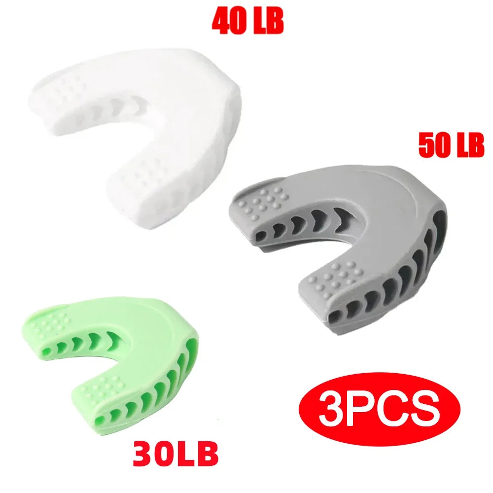 Three silicone jaw exercisers in white (40lb), grey (50lb), and mint green (30lb) with textured bite surfaces.