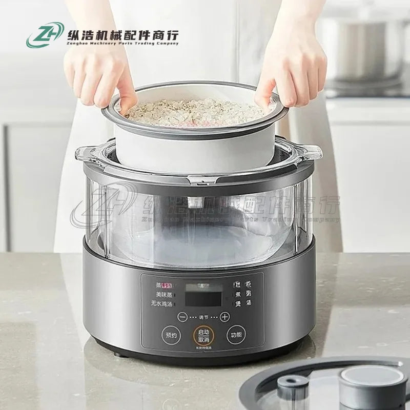 Rice cooker steamer with stainless bowl; hands lift lid while adding uncooked rice