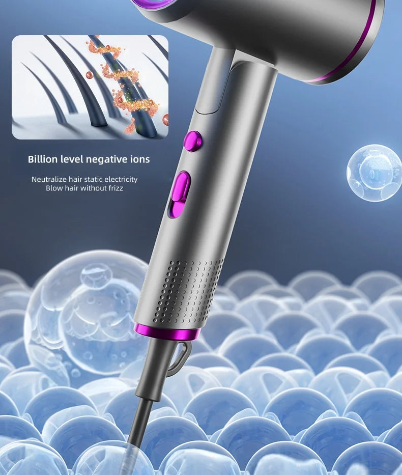 Foldable silver negative ion hair dryer with purple accents, high-speed motor, and frizz-reducing salon technology.