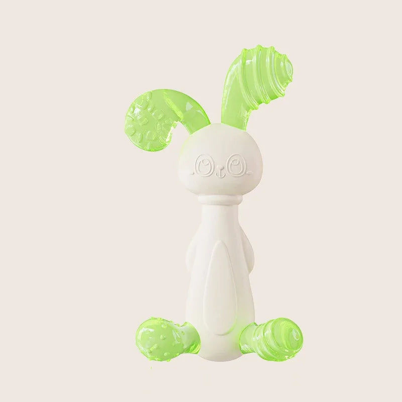 Green and white silicone baby teething toy for soothing sore gums.