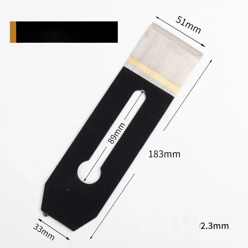 Woodworking planer blade with black holder and silver steel, with white slot insert