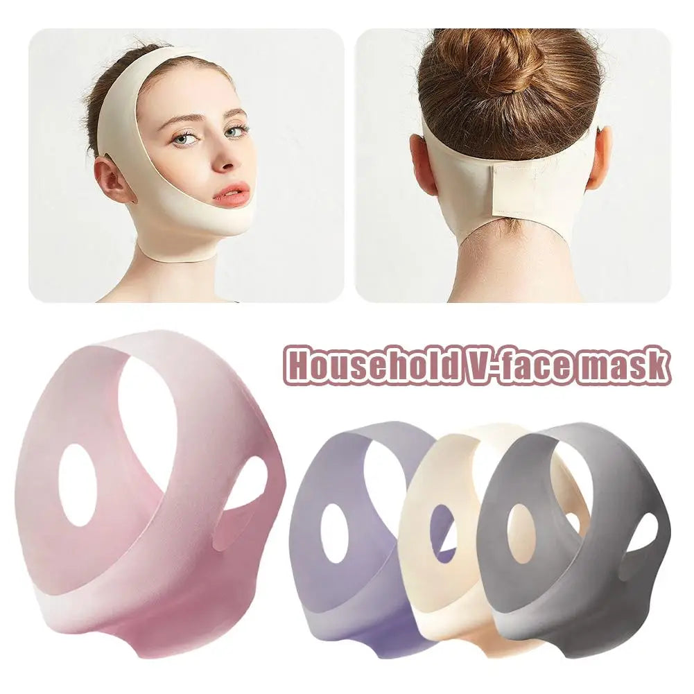 A woman wears a beige V-face lifting strap. Below are pink, purple, beige, and grey elastic face-shaping masks.