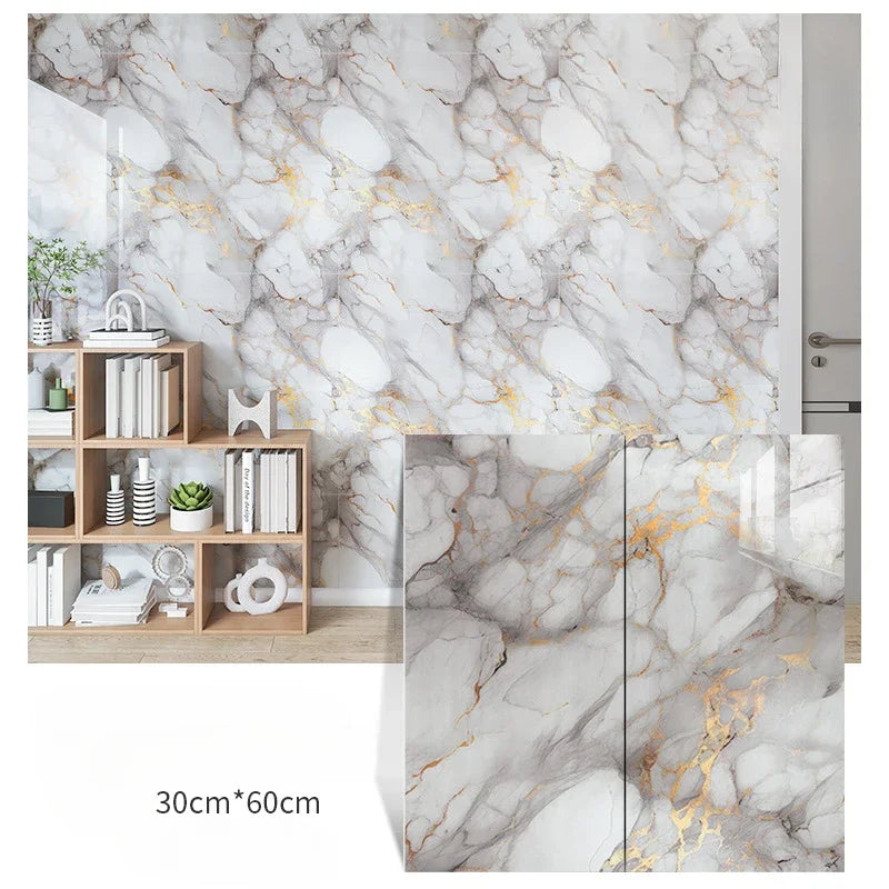 Self-adhesive marble-pattern wall sticker set, white with gray veining and gold accents, 3-panel