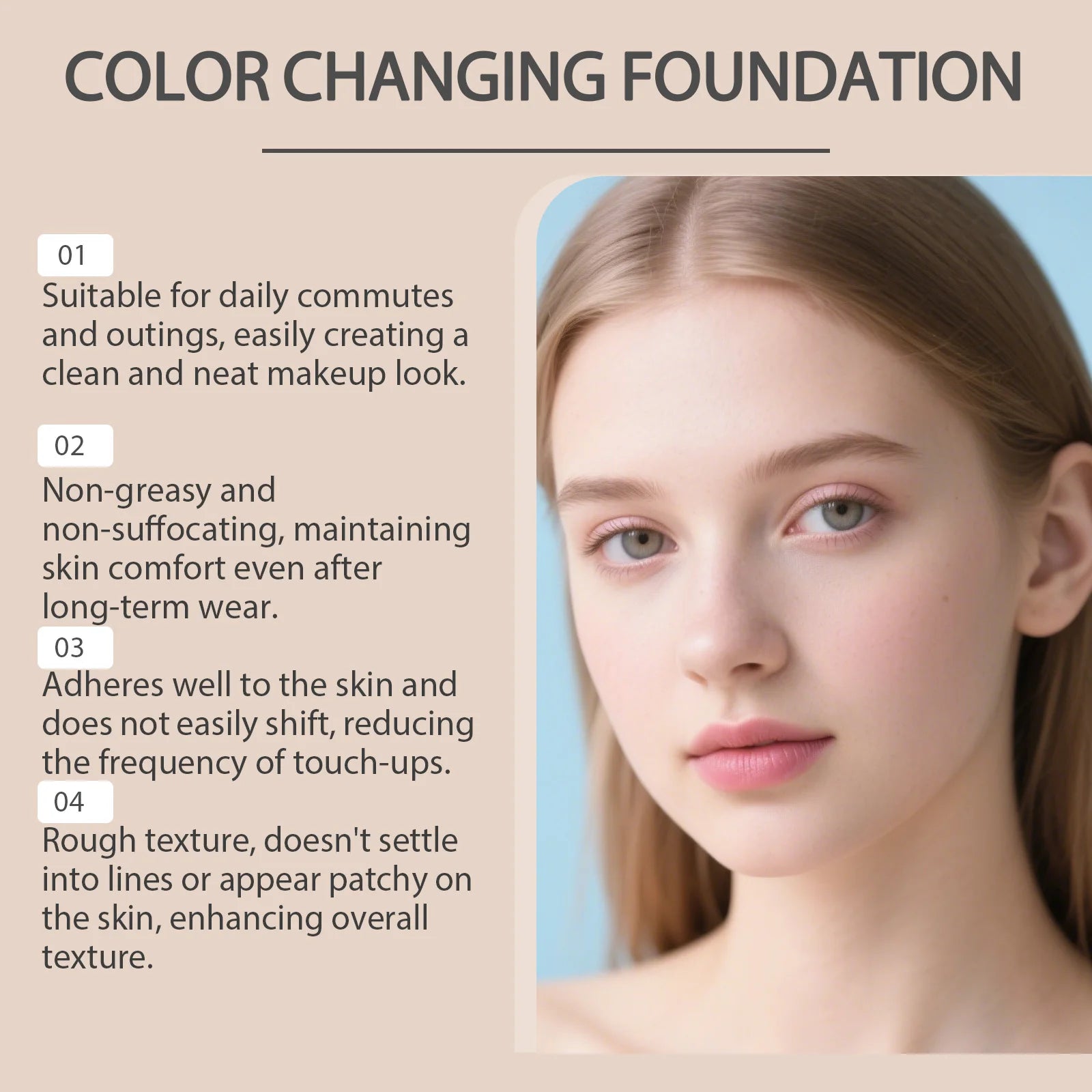 Tidesmit color changing foundation 30g texture close-up showing smooth waterproof base and natural tone adapting effect