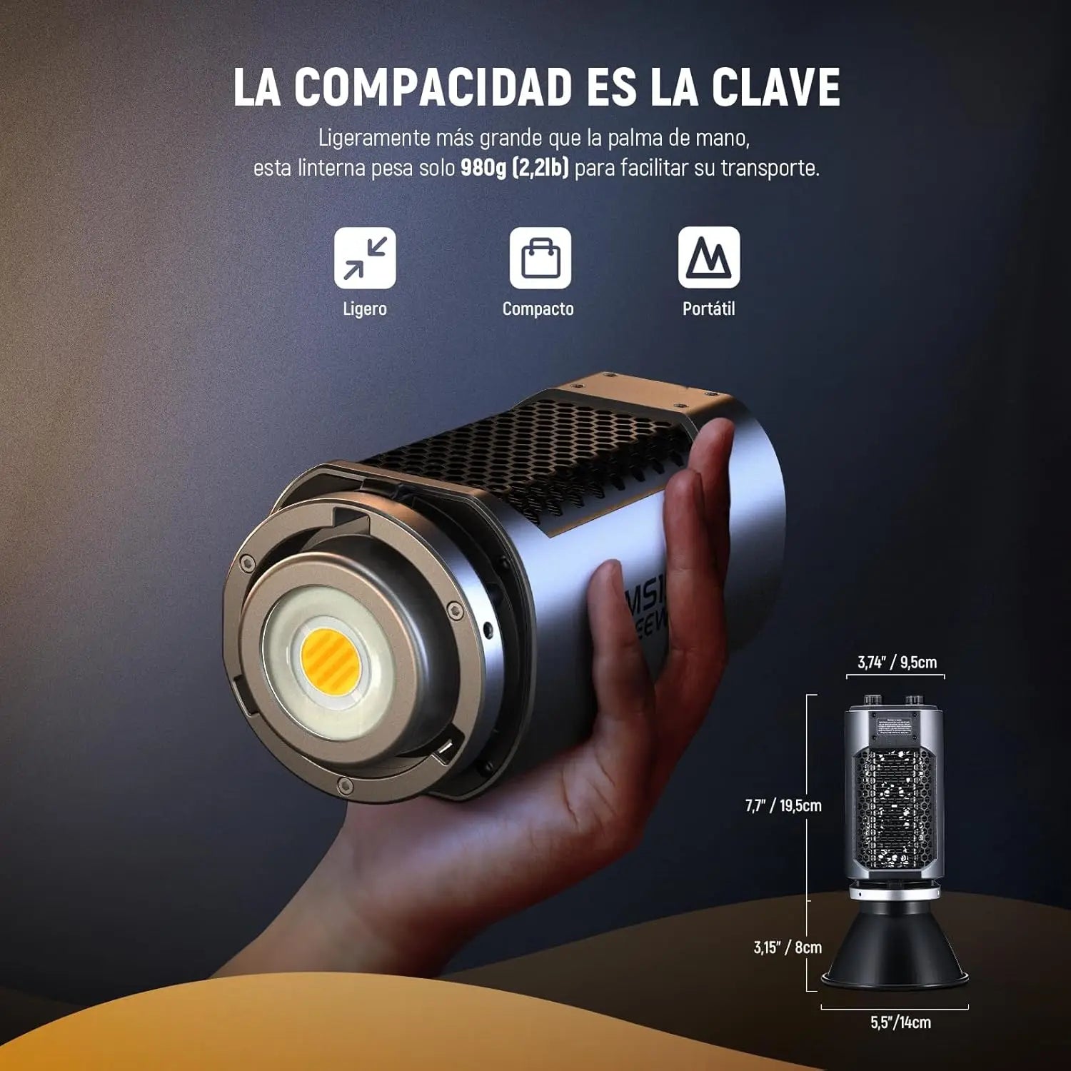 Compact LED flashlight held in hand, featuring a silver cylindrical metal body, honeycomb cooling, and a 7.7-inch build.