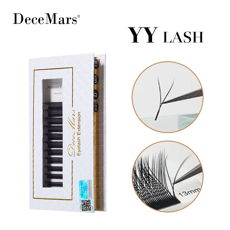DeceMars YY black eyelash extension tray in white packaging with close-up of Y-shaped lash fans held by tweezers.