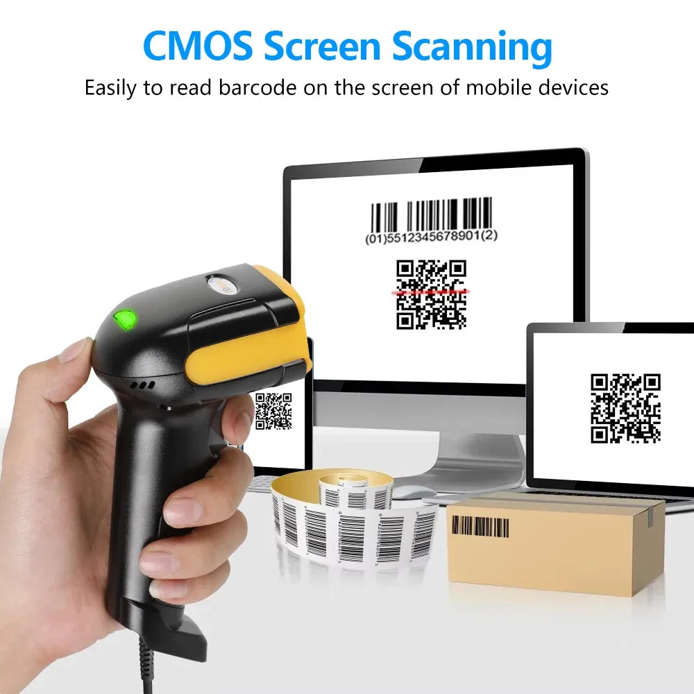 Wired 2D barcode scanner reading a QR code on a tablet screen, black and yellow
