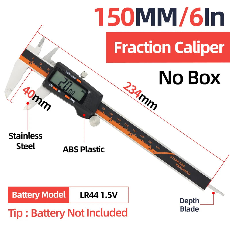 Fraction metal caliper with LCD display, orange scale markings, and depth blade tip