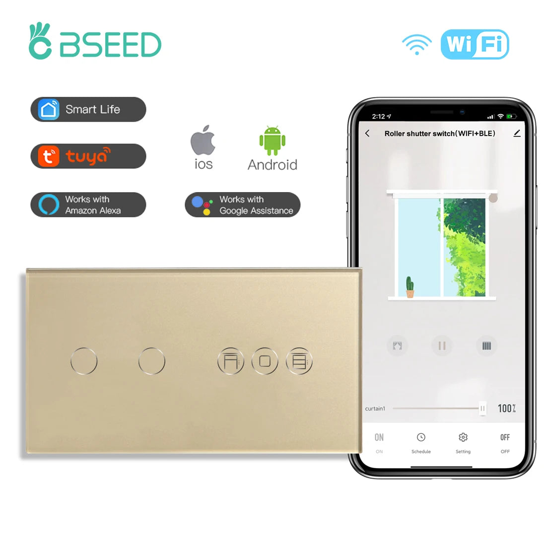 Tidesmit Smart WiFi Shutter Switch - App Controlled Roller Blind Timer Wifi 2Gang Gold Tidesmit