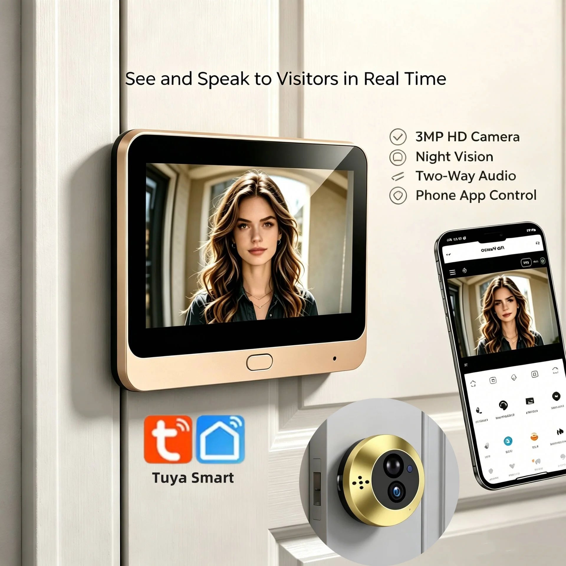 Tuya Smart 3MP Wireless 2.4G Wifi Digital Door Peepholes Two Way Audio Door Phone 140° Wide Angle Video Battery Door Camera