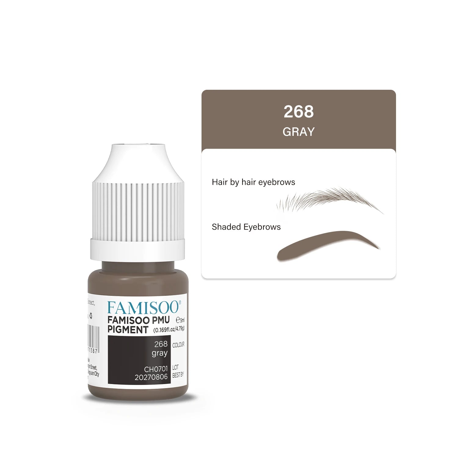 5ml bottle of gray PMU eyebrow pigment for hair-stroke and shaded cosmetic tattooing.
