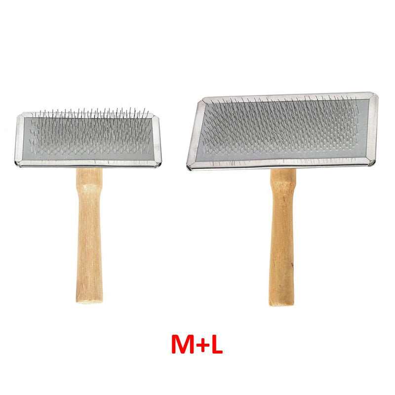 M and L size pet slicker brushes with wooden handles for effective dog and cat shedding and clothing lint removal.